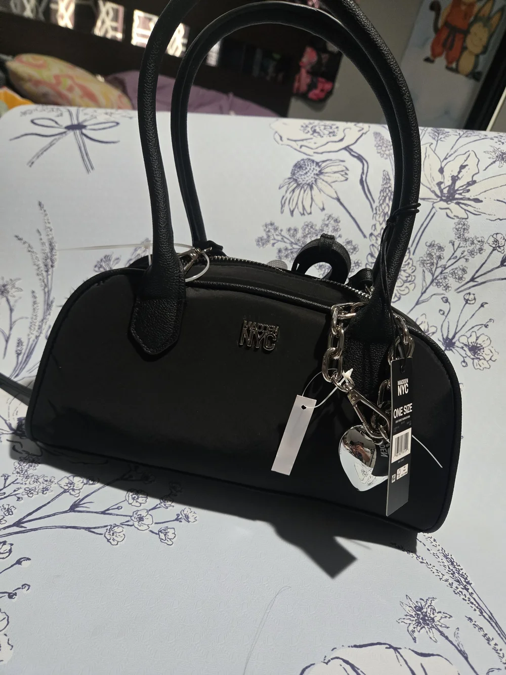 Madden NYC Black Heart Charm Satchel with Chain Accent